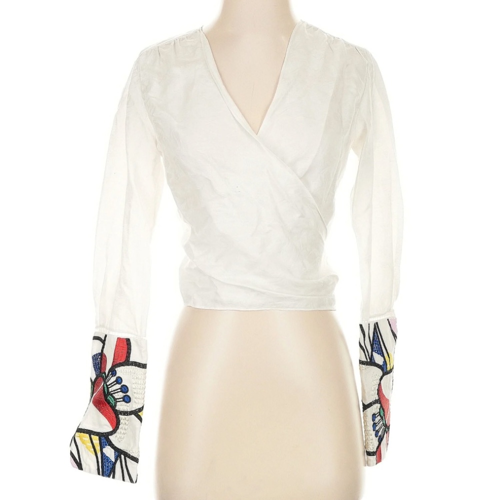 Robert Graham Wrap Blouse W/ Floral Embroidered Sleeves